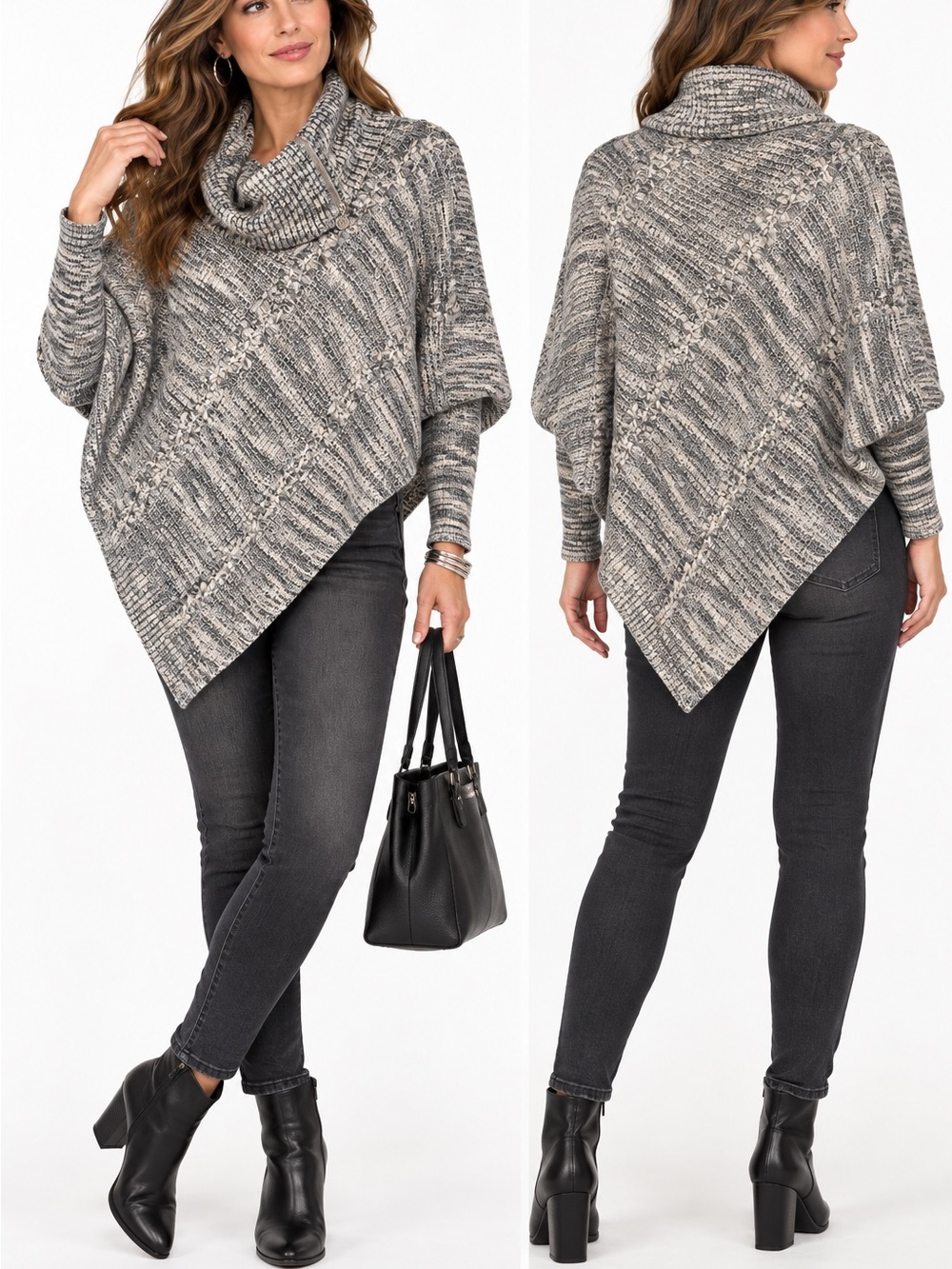 WHBM Gray Marled Sweater Poncho M/L zip cowl neck